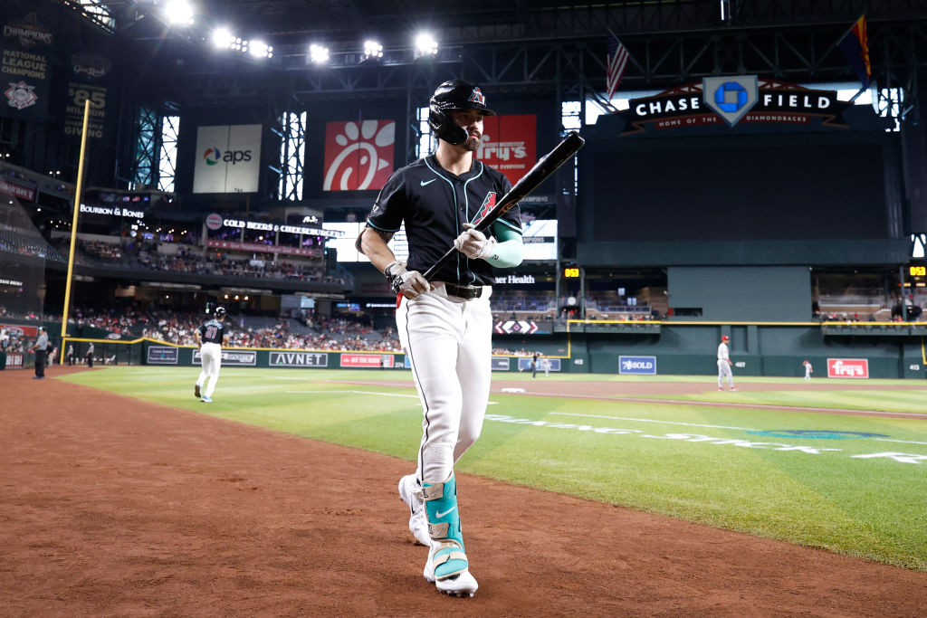 Corbin Carroll of the Arizona Diamondbacks warms up in the on deck circle during the game against the Cincinnati Reds at Chase Field.