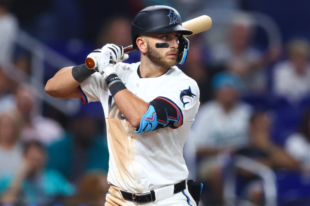 MIAMI, FLORIDA - AUGUST 19: Connor Norby #24 of the Miami Marlins at bat against the Arizona Diamondbacks during the sixth inning of the game at loanDepot park on August 19, 2024 in Miami, Florida.