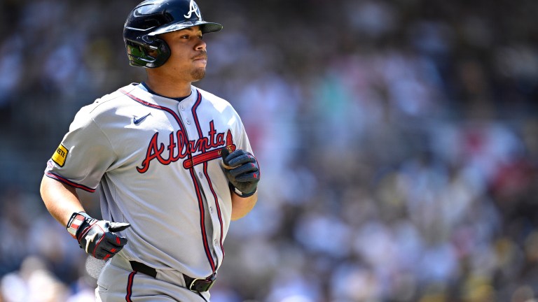 Drake Baldwin of the Atlanta Braves walks during the third inning against the San Diego Padres on Opening Day at Petco Park.